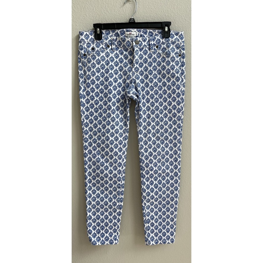 Vineyard Vines Women's Sz 4 White Blue Lattice Design‎ Denim Skinny Jeans